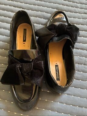 stradivarius Black Patent Loafers with Velvet Bow